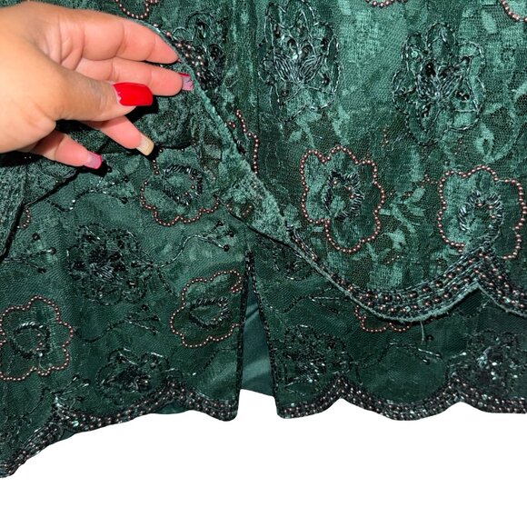 Brilliante by J.A.Vintage Beaded & Sequins Dark Green Lace MidiScallop Hem Sz M - Picture 6 of 13